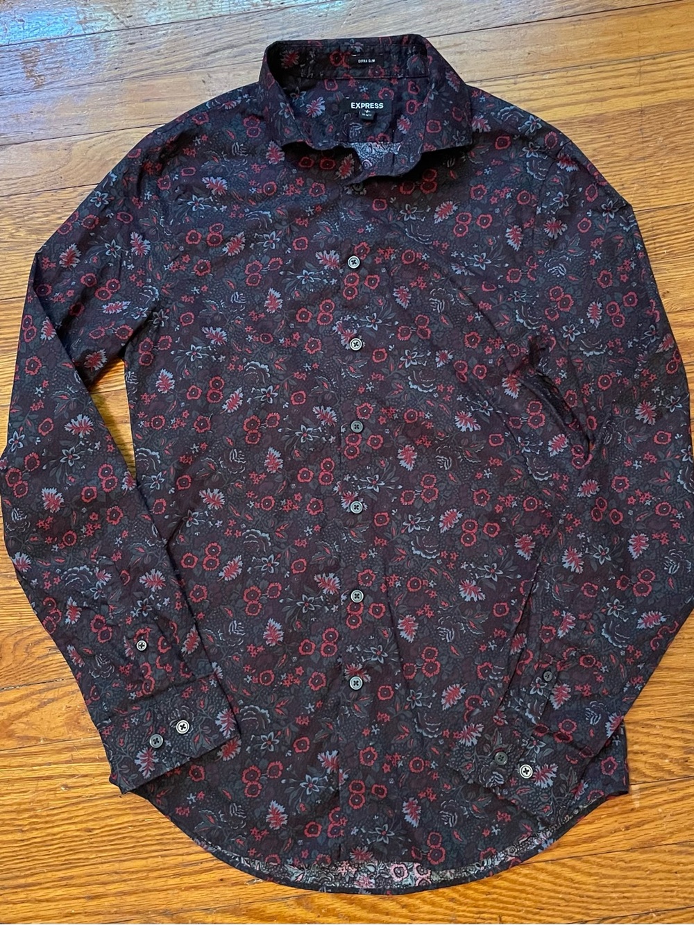 Express Men's Dark Floral Button-Down Shirt in Red and Black